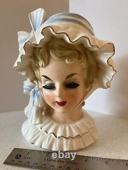 Vtg LARGE HTF 7.5in Norleans Pretty Lady Girl Head Vase VICTORIAN Ruffle BONNET