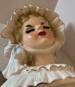 Vtg LARGE HTF 7.5in Norleans Pretty Lady Girl Head Vase VICTORIAN Ruffle BONNET