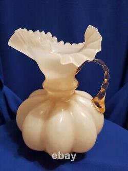 Vtg MCM 1940s Fenton Mellon Shaped Rose Pitcher. Pie Crust Rim Ptrn-rose Overlay