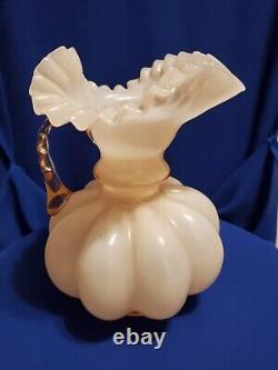 Vtg MCM 1940s Fenton Mellon Shaped Rose Pitcher. Pie Crust Rim Ptrn-rose Overlay