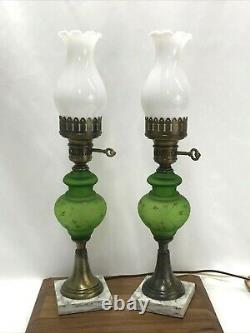 Vtg PAIR Victorian Art Deco Green Glass Hurricane Lamp Boudoir Table Marble Base