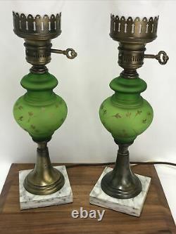 Vtg PAIR Victorian Art Deco Green Glass Hurricane Lamp Boudoir Table Marble Base