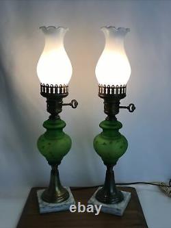 Vtg PAIR Victorian Art Deco Green Glass Hurricane Lamp Boudoir Table Marble Base