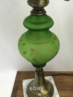 Vtg PAIR Victorian Art Deco Green Glass Hurricane Lamp Boudoir Table Marble Base