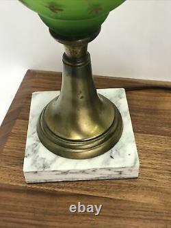 Vtg PAIR Victorian Art Deco Green Glass Hurricane Lamp Boudoir Table Marble Base