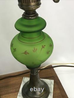 Vtg PAIR Victorian Art Deco Green Glass Hurricane Lamp Boudoir Table Marble Base