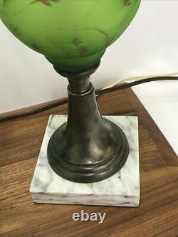 Vtg PAIR Victorian Art Deco Green Glass Hurricane Lamp Boudoir Table Marble Base
