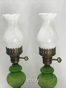 Vtg PAIR Victorian Art Deco Green Glass Hurricane Lamp Boudoir Table Marble Base