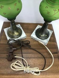 Vtg PAIR Victorian Art Deco Green Glass Hurricane Lamp Boudoir Table Marble Base