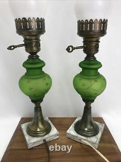 Vtg PAIR Victorian Art Deco Green Glass Hurricane Lamp Boudoir Table Marble Base