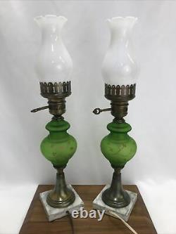 Vtg PAIR Victorian Art Deco Green Glass Hurricane Lamp Boudoir Table Marble Base