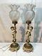 Vtg Pair Cast Metal Cherub Parlor Lamps Victorian Frosted Glass Shade Art