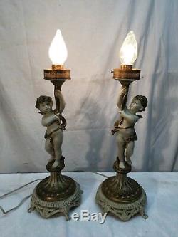 Vtg Pair cast metal cherub Parlor lamps Victorian Frosted glass shade Art