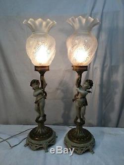 Vtg Pair cast metal cherub Parlor lamps Victorian Frosted glass shade Art