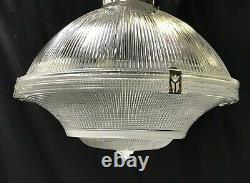 Vtg Ribbed Glass Industrial Flush Ceiling Light Fixture Art Deco Victorian Style