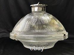 Vtg Ribbed Glass Industrial Flush Ceiling Light Fixture Art Deco Victorian Style