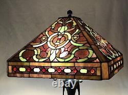 Vtg Stained Glass Lamp Shade Purple Green Red Victorian Arts & Crafts Deco 17