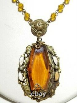 Vtg Victorian Art Deco Czech Topaz Art Glass Peach Enamel Pendant Necklace