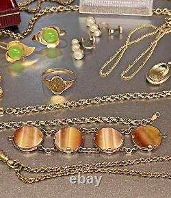 Vtg Victorian Art Deco Jewelry, Gold Filled, Gemstones & Gilt Brass, 98 Grams