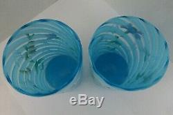 Vtg Victorian Art Glass BLUE OPALESCENT ENAMEL Enameled Tumblers / FREE SHIP US