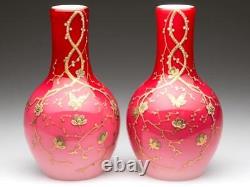 WEBB Pair antique PEACHBLOW art glass VASES GOLD Prunus & Butterflies c1885