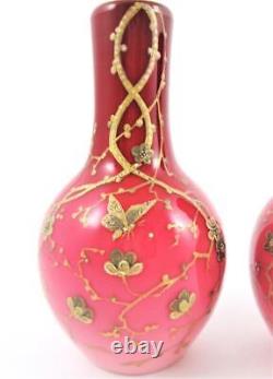 WEBB Pair antique PEACHBLOW art glass VASES GOLD Prunus & Butterflies c1885