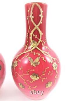 WEBB Pair antique PEACHBLOW art glass VASES GOLD Prunus & Butterflies c1885