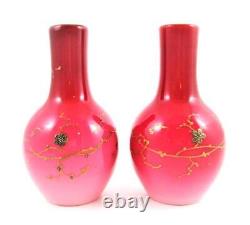 WEBB Pair antique PEACHBLOW art glass VASES GOLD Prunus & Butterflies c1885