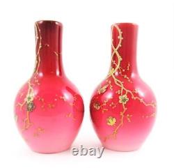 WEBB Pair antique PEACHBLOW art glass VASES GOLD Prunus & Butterflies c1885