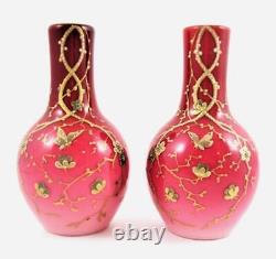 WEBB Pair antique PEACHBLOW art glass VASES GOLD Prunus & Butterflies c1885