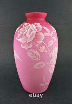 WHITE Enamel ROSES & BIRD on Cased PINK SATIN art glass 9.5 tall VASE c. 1890