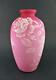 White Enamel Roses & Bird On Cased Pink Satin Art Glass 9.5 Tall Vase C. 1890