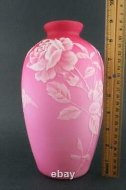 WHITE Enamel ROSES & BIRD on Cased PINK SATIN art glass 9.5 tall VASE c. 1890