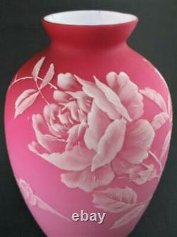 WHITE Enamel ROSES & BIRD on Cased PINK SATIN art glass 9.5 tall VASE c. 1890