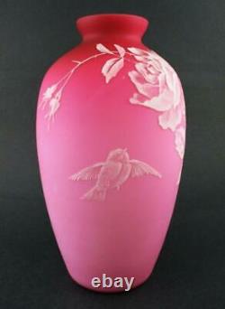 WHITE Enamel ROSES & BIRD on Cased PINK SATIN art glass 9.5 tall VASE c. 1890