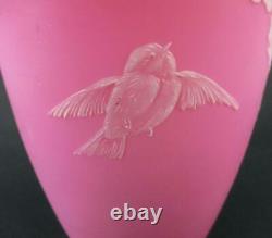 WHITE Enamel ROSES & BIRD on Cased PINK SATIN art glass 9.5 tall VASE c. 1890