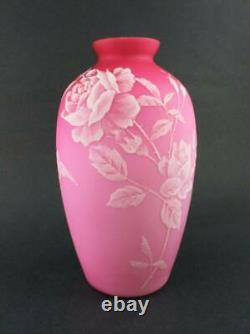 WHITE Enamel ROSES & BIRD on Cased PINK SATIN art glass 9.5 tall VASE c. 1890