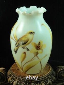 WOW Antique Bohemian Harrach Hand Painted Yellow Bird & Lily Art Glass Vase UV+