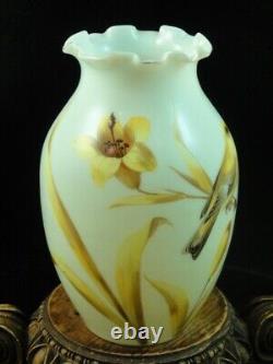 WOW Antique Bohemian Harrach Hand Painted Yellow Bird & Lily Art Glass Vase UV+