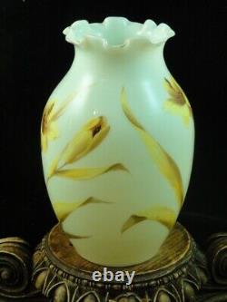 WOW Antique Bohemian Harrach Hand Painted Yellow Bird & Lily Art Glass Vase UV+