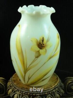 WOW Antique Bohemian Harrach Hand Painted Yellow Bird & Lily Art Glass Vase UV+