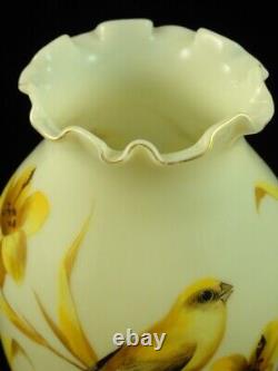 WOW Antique Bohemian Harrach Hand Painted Yellow Bird & Lily Art Glass Vase UV+