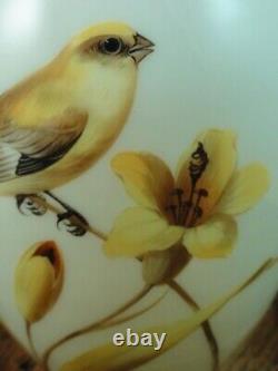 WOW Antique Bohemian Harrach Hand Painted Yellow Bird & Lily Art Glass Vase UV+