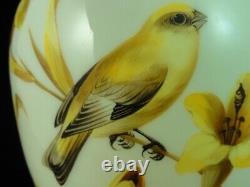 WOW Antique Bohemian Harrach Hand Painted Yellow Bird & Lily Art Glass Vase UV+