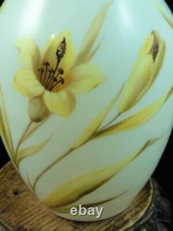 WOW Antique Bohemian Harrach Hand Painted Yellow Bird & Lily Art Glass Vase UV+