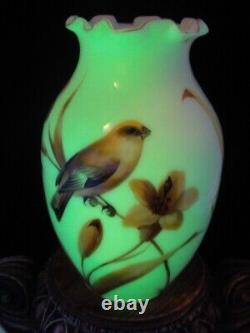 WOW Antique Bohemian Harrach Hand Painted Yellow Bird & Lily Art Glass Vase UV+