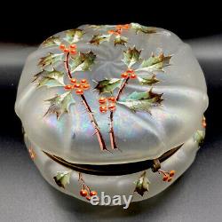 Wavecrest Frosted Glass Enameled Holly Motif Large Dresser Puff Box NR