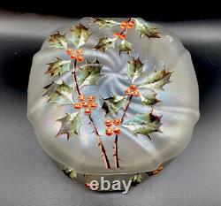 Wavecrest Frosted Glass Enameled Holly Motif Large Dresser Puff Box NR