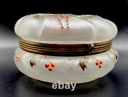 Wavecrest Frosted Glass Enameled Holly Motif Large Dresser Puff Box NR