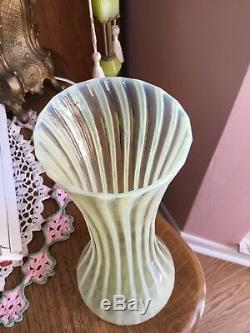 Webb Glass Victorian 1890s Vaseline Opalescent Hand Blown Art Glass Vase 12 T